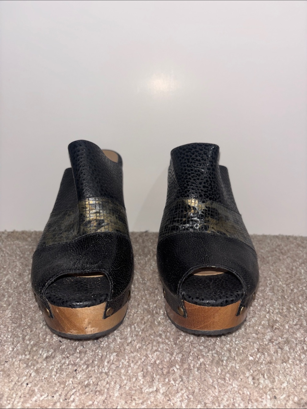 Black Textured Peep-Toe Platform Mules